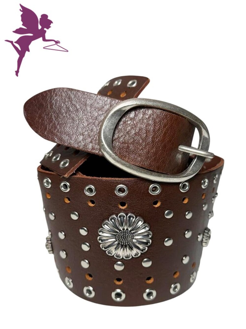 WIDE Leather Belt with Metal Grommets and Flowers